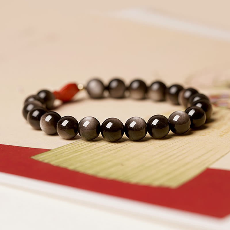Buddha Stones Natural Silver Sheen Obsidian Cinnabar Koi Fish Soothing Protection Bracelet - image 4