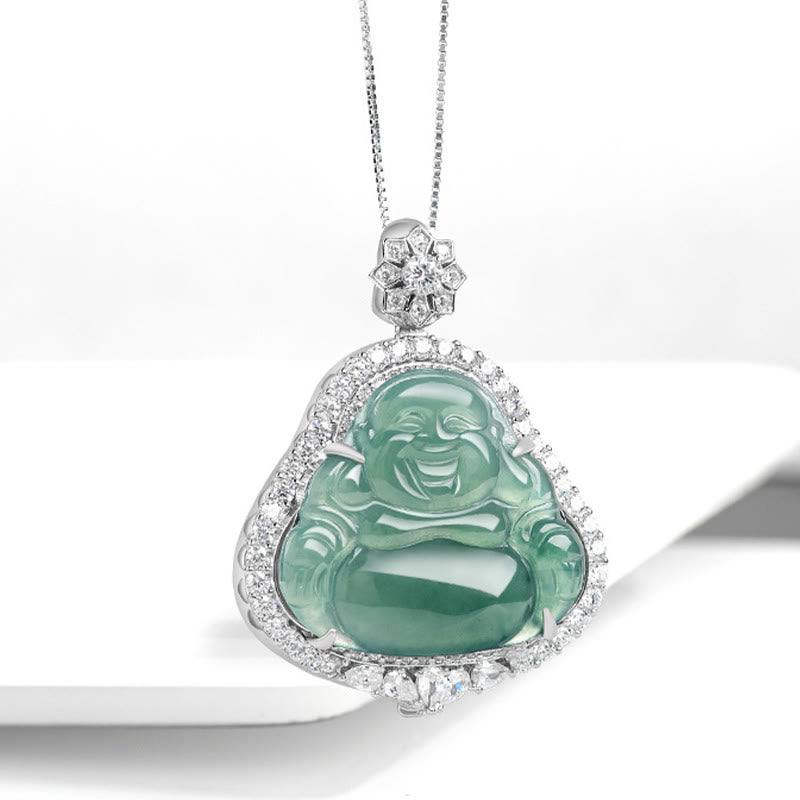 Buddha Stones Laughing Buddha Natural Jade Luck Abundance Titanium Steel Chain Necklace Pendant - image 1