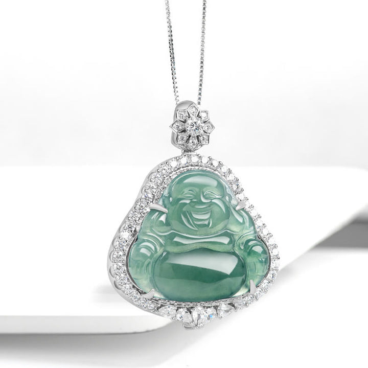 Buddha Stones Laughing Buddha Natural Jade Luck Abundance Titanium Steel Chain Necklace Pendant - image 1