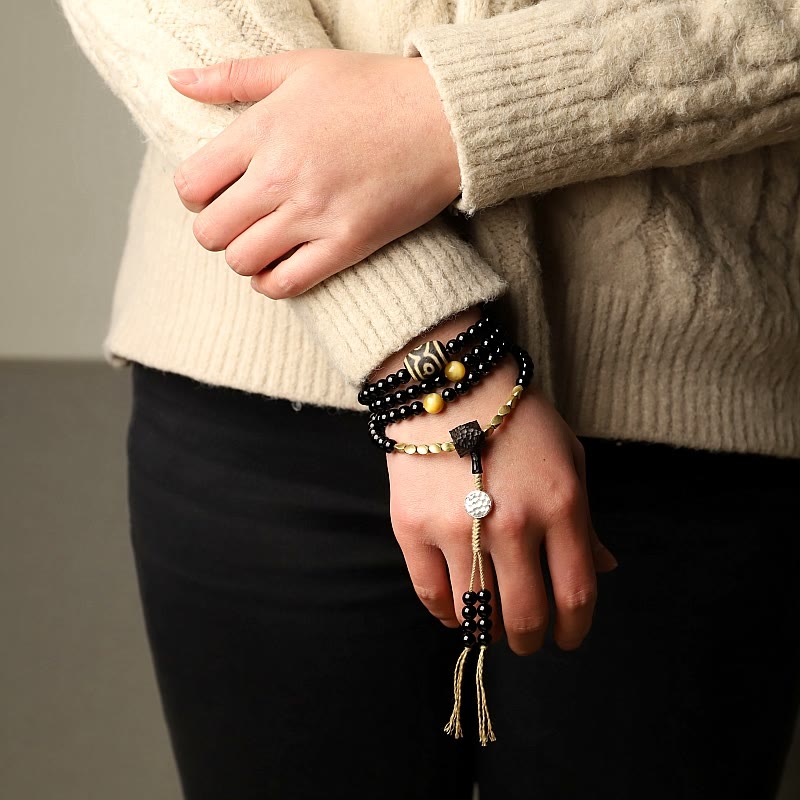 Buddha Stones Tibetan 108 Mala Beads Black Onyx Three-eyed Dzi Beads Protection Bracelet - image 13
