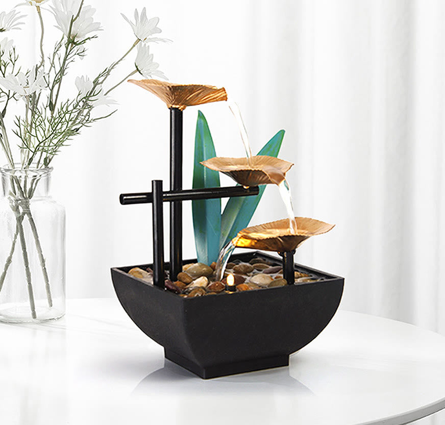 Buddha Stones Three Layers Waterfall Fountain Tabletop Lotus Ornaments With River Rocks Desktop Decoration - Gold - AU Standard - image 7