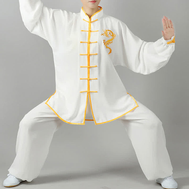 Buddha Stones Dragon Embroidered Qi Gong Zen Spiritual Practice Meditation Prayer Uniform Unisex Clothing Set - White - 3XL-FIT FOR US/UK/AU/EU-2XL - image 0