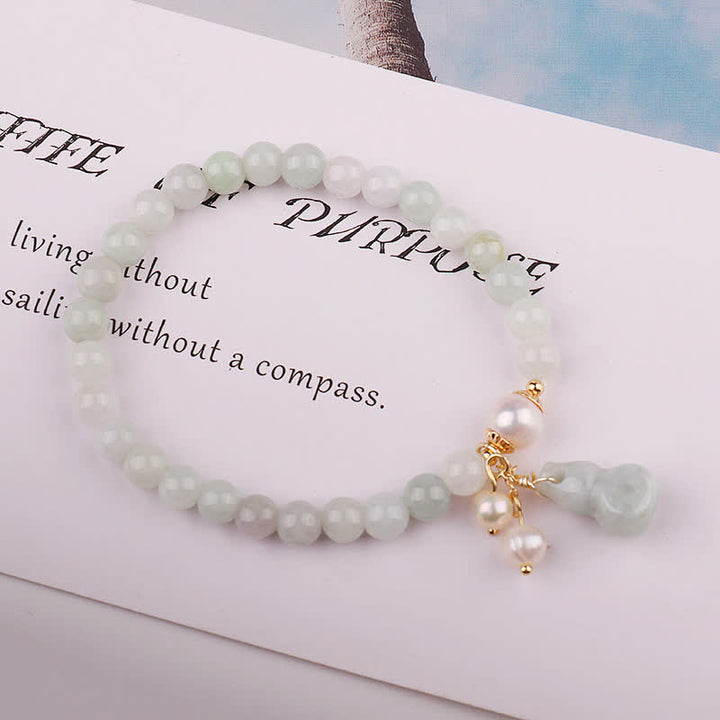 Buddha Stones Natural Jade Pearl Gourd Prosperity Luck Bracelet - image 1