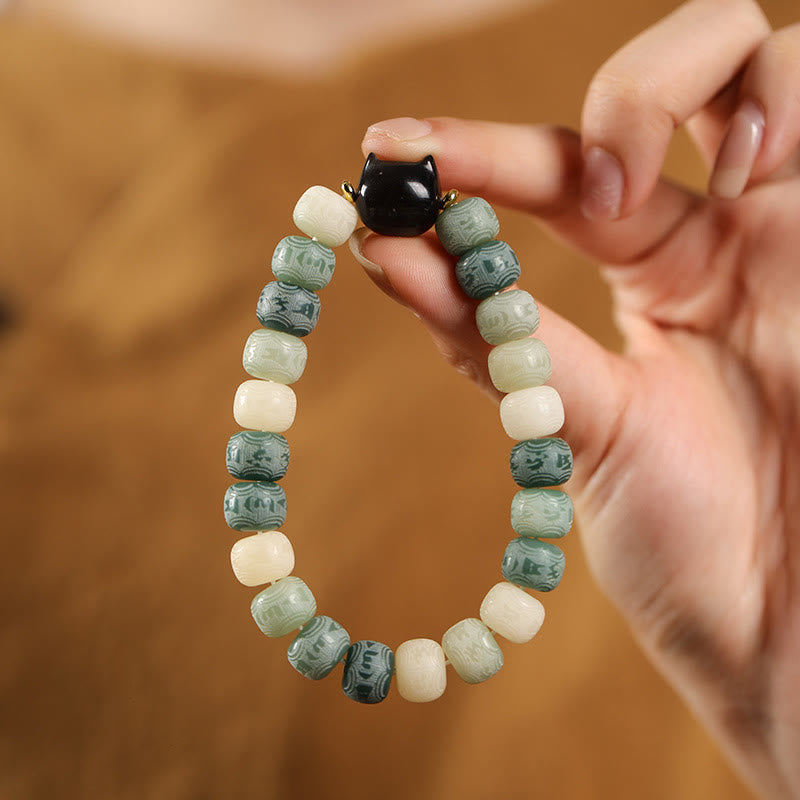 Buddha Stones Bodhi Seed Silver Sheen Obsidian Cat Head Om Mani Padme Hum Engraved Harmony Bracelet - Green Bodhi Seed(Wrist Circumference 14-16cm) - image 7