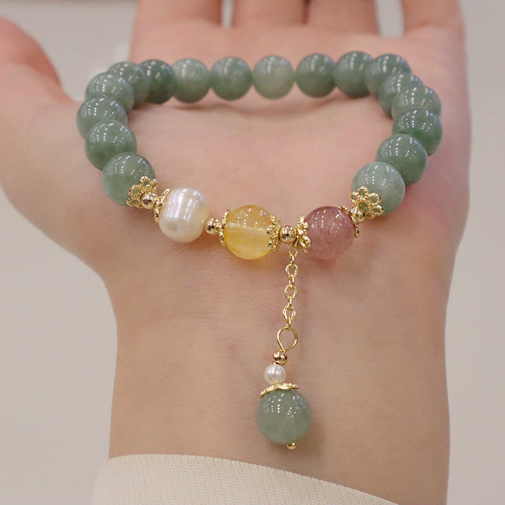 Buddha Stones Jade Pearl Strawberry Quartz Abundance Luck Bead Charm Bracelet - Jade(Prosperity♥Abundance) - image 0