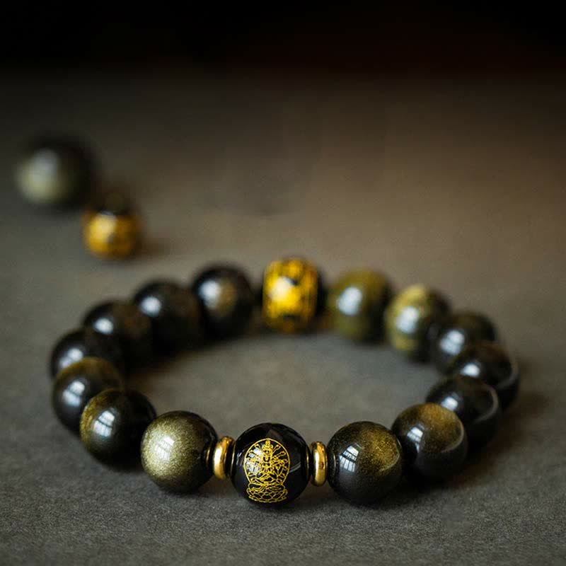 Buddha Stones Chinese Zodiac Natal Buddha Gold Sheen Obsidian Wealth Protection Bracelet - image 0