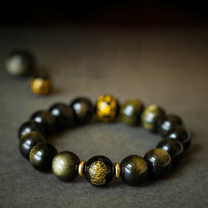 Buddha Stones Chinese Zodiac Natal Buddha Gold Sheen Obsidian Wealth Protection Bracelet - image 0