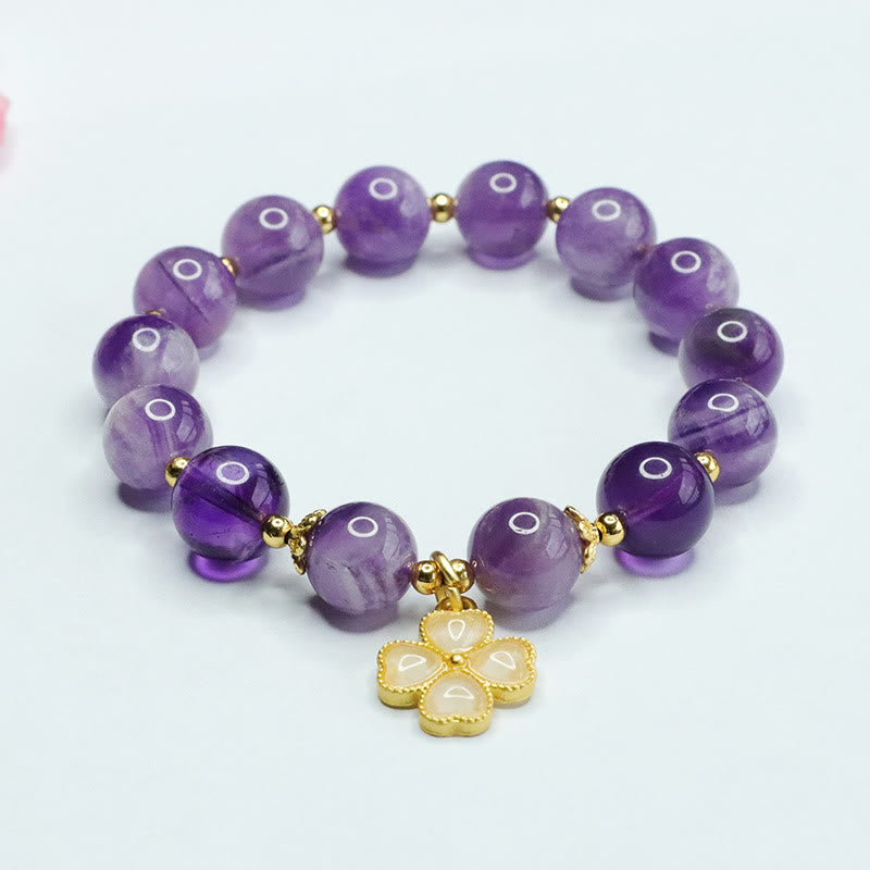 Buddha Stones Natural Amethyst Crystal Inner Peace Four Leaf Clover Charm Bracelet - Amethyst(Spiritual Awareness♥Inner Peace) - image 0