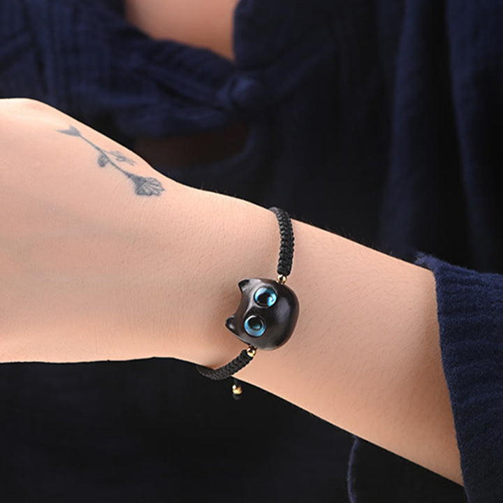 Buddha Stones Small Leaf Red Sandalwood Ebony Wood Cute Cat Head Calm Protection Braided Bracelet - image 15