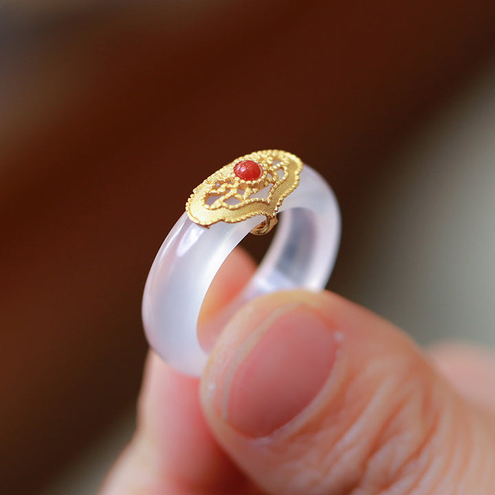 Buddha Stones White Agate Cyan Jade Turquoise Red Agate Luck Protection Ring - Red Agate&Auspicious Cloud - Large - image 9
