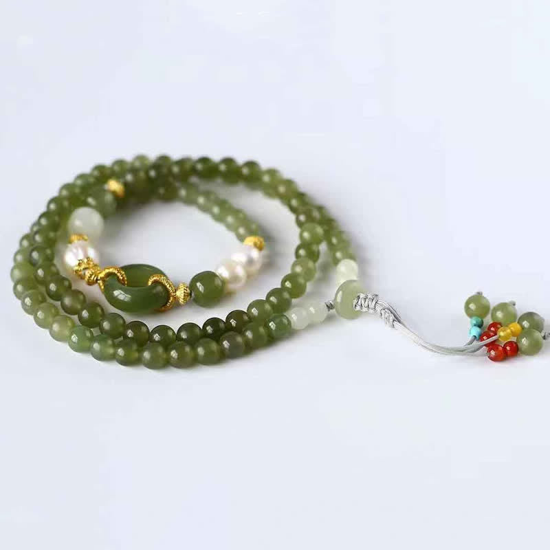 Buddha Stones Hetian Jade Pearl Peace Buckle Luck Wealth String Bracelet - image 2