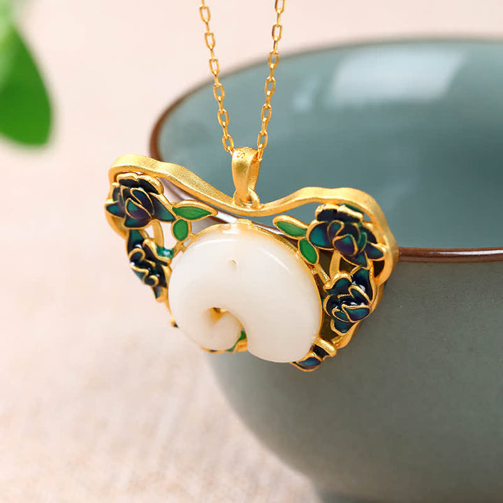 White Jade Elephant Butterfly Lotus Success Necklace Chain Pendant - image 3