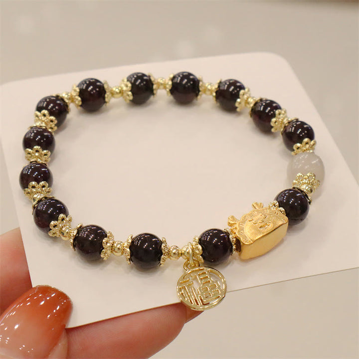 Buddha Stones Year Of The Dragon Red Agate Strawberry Quartz Black Obsidian Jade Garnet Pearl Cinnabar Dumpling Dragon Luck Fu Character Bracelet - Garnet(Wrist Circumference 14-19cm) - image 24
