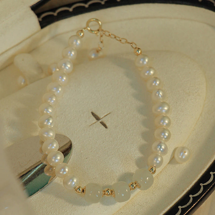 Buddha Stones 14K Gold Plated Natural Pearl Hetian Cyan Jade White Jade Sincerity Bead Chain Bracelet - image 13