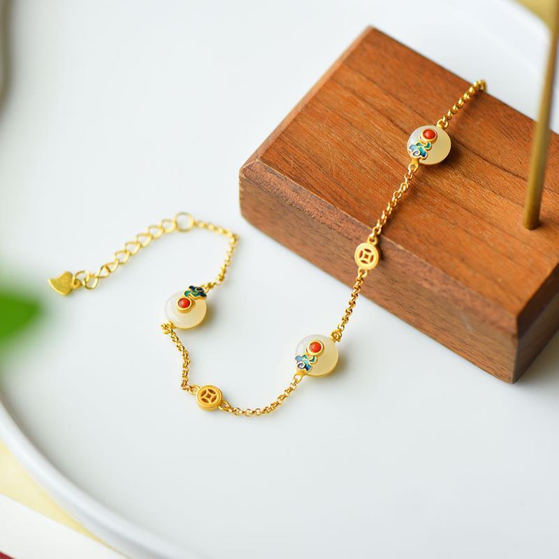 Buddha Stones Peace Buckle White Jade Luck Copper Bracelet - image 3