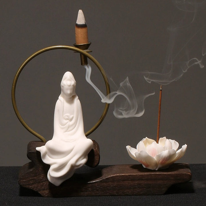 Buddha Stones Ceramic Lotus Healing Meditation Incense Burner Decoration - White Avalokitesvara - image 8