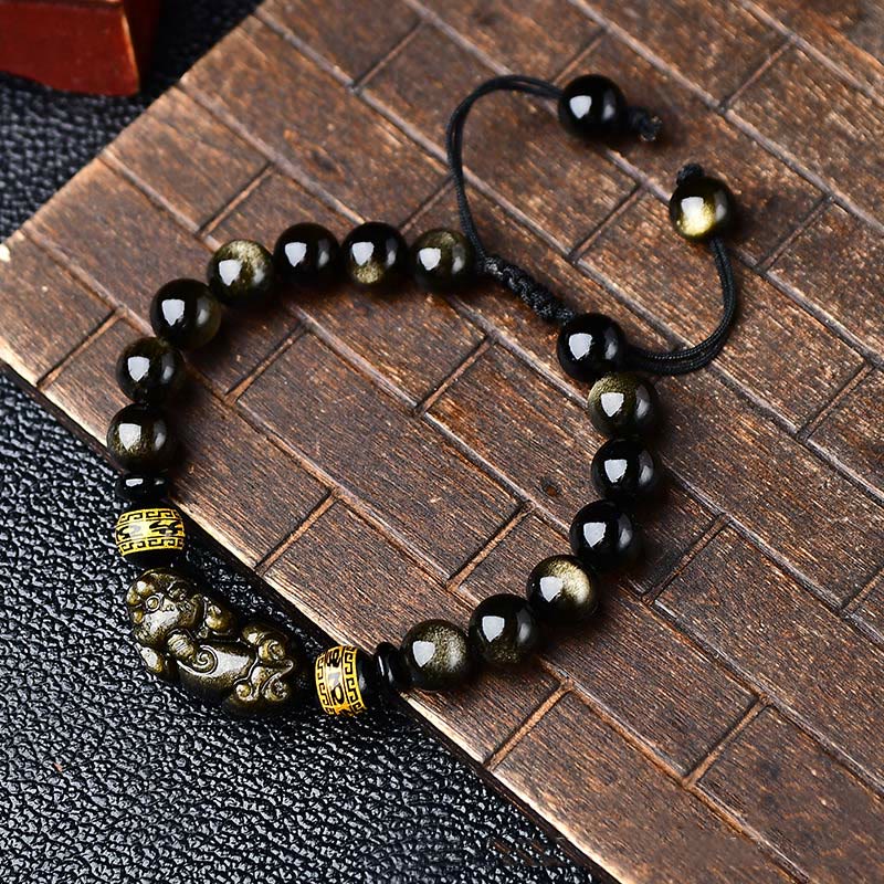 Buddha Stones Natural Gold Sheen Obsidian PiXiu Om Mani Padme Hum Wealth Braided Bracelet - 10mm - image 3