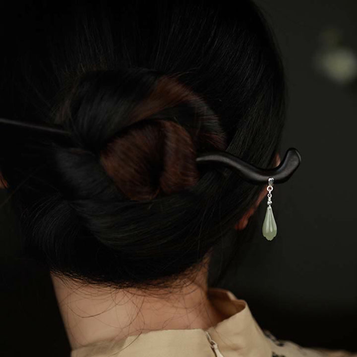 Buddha Stones 925 Sterling Silver Natural Hetian Jade Ebony Wood Luck Charm Hairpin - image 4