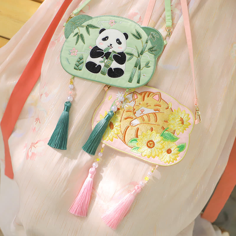 Buddha Stones Embroidery Lucky Panda Cat Shiba Inu Deer Rabbit Fox Flower Cute Animal Hanfu Bag Crossbody Bag Shoulder Bag - image 1