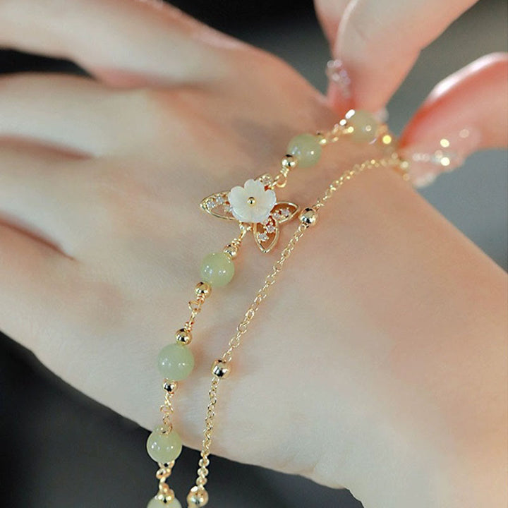 Buddha Stones 14K Gold Plated Jade Butterfly Tridacna Stone Flower Double Layer Luck Bracelet - image 1