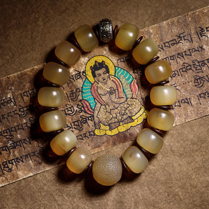 Buddha Stones Handmade Tibetan Sheep Horn Om Mani Padme Hum Auspiciousness Bracelet - 18mm(Wrist Circumference 20cm) - image 0
