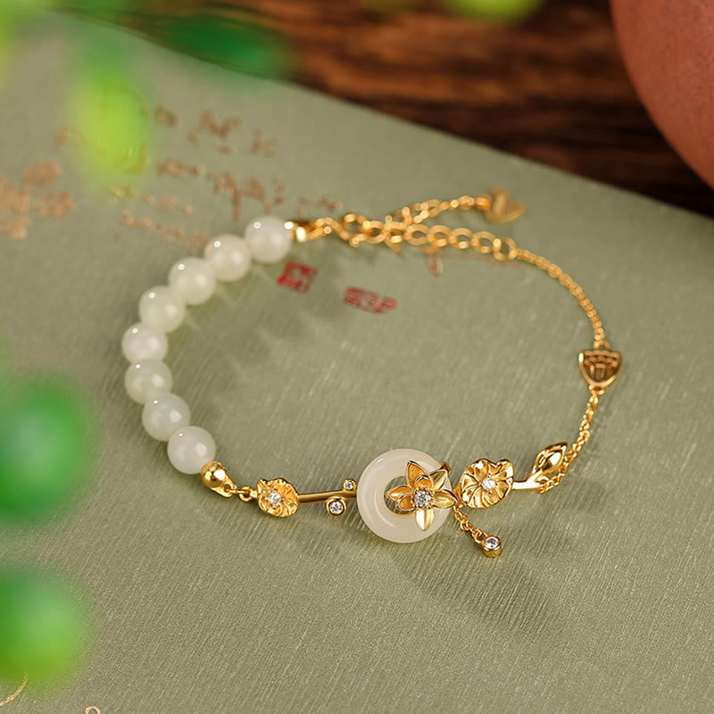 Buddha Stones 925 Sterling Silver Hetian Jade Peace Buckle Lotus Luck Chain Bracelet - 925 Sterling Silver Plated Gold(Wrist Circumference 14-17cm) - image 0