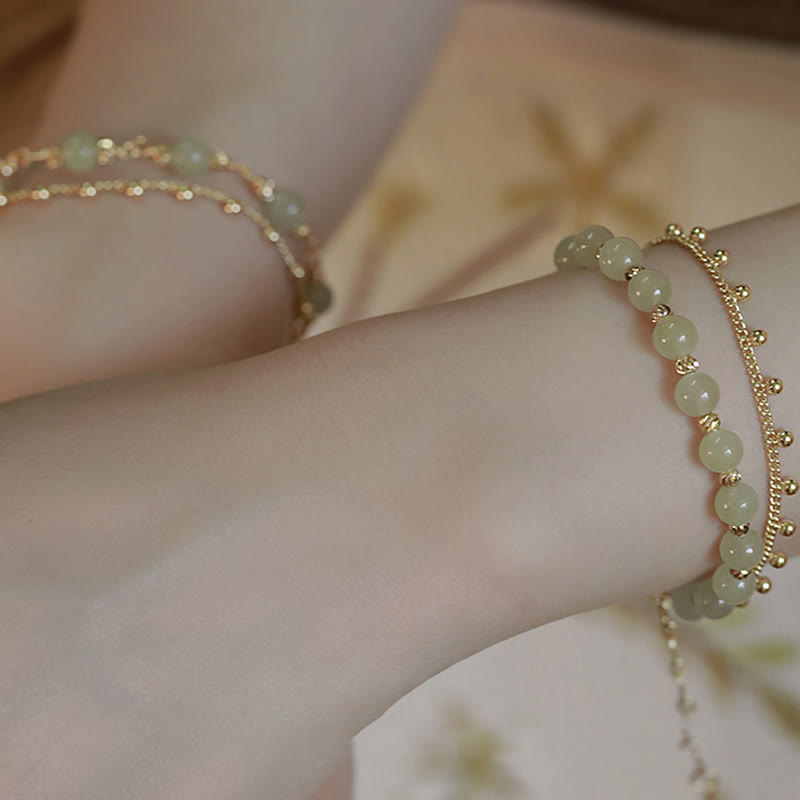 Buddha Stones 14K Gold Plated 2 Layers Hetian Jade Bead Luck Prosperity Bracelet - image 8