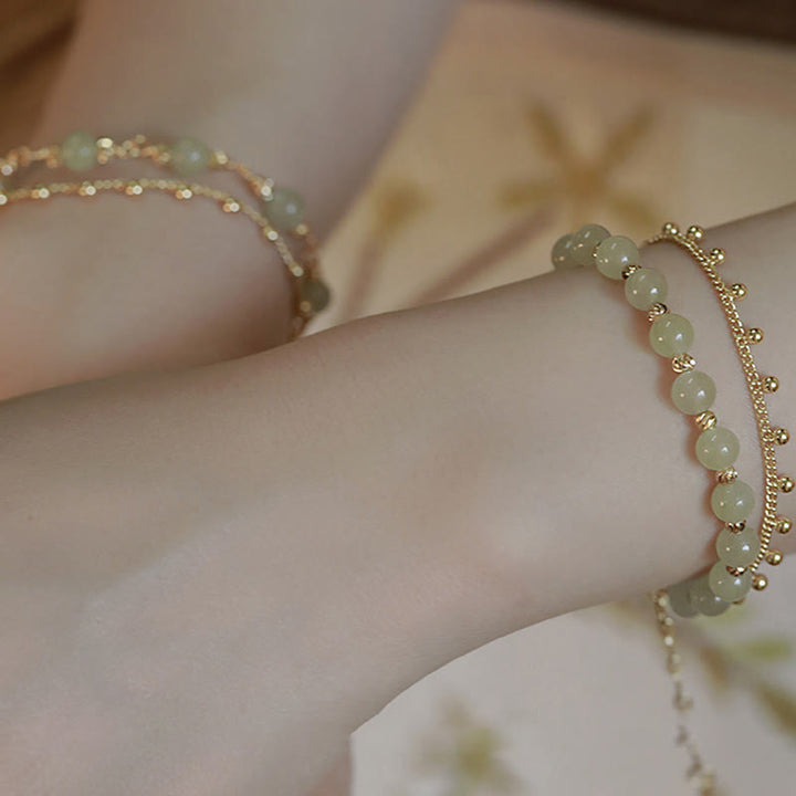 Buddha Stones 14K Gold Plated 2 Layers Hetian Jade Bead Luck Prosperity Bracelet - image 8