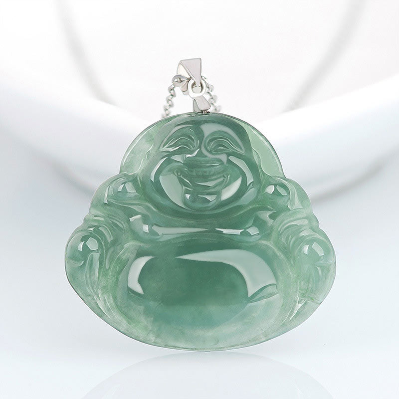 Buddha Stones Laughing Buddha Jade Protection Calm Titanium Steel Chain Necklace Pendant - Jade - image 0