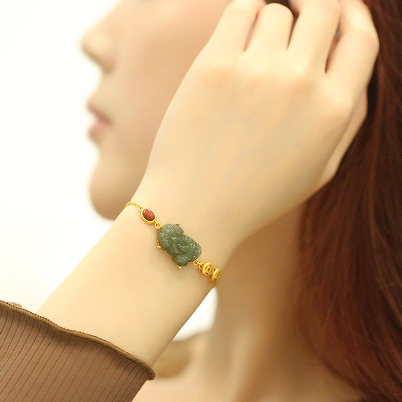Buddha Stones Cyan Jade PiXiu Copper Coin Red Agate Success Chain Bracelet - image 2