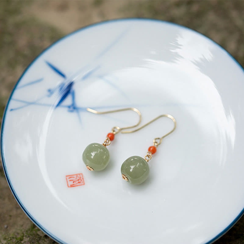 Buddha Stones 925 Sterling Silver Plated 14k Gold Hetian Jade Red Agate Luck Drop Dangle Earrings - image 5