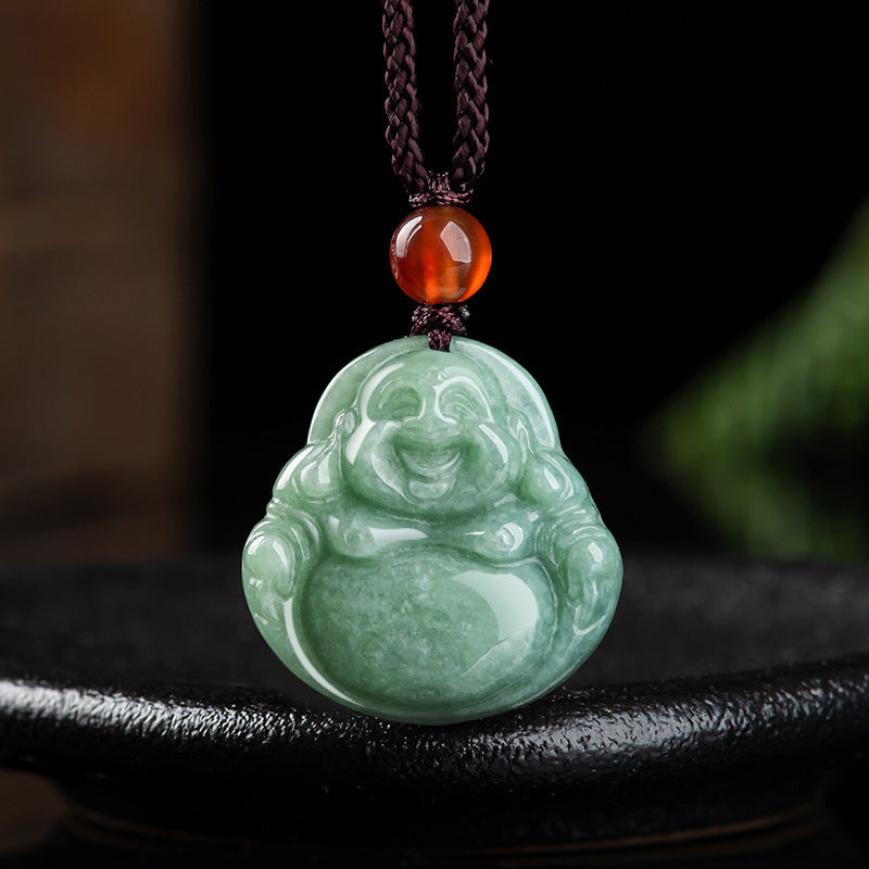 Buddha Stones Laughing Buddha Cyan Jade Success Necklace String Pendant - Cyan Jade - image 0