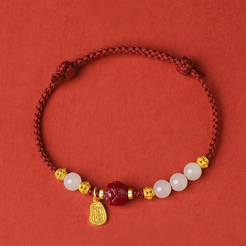 Buddha Stones 24K Gold Plated Hetian White Jade Cinnabar Lotus Luck Rope Bracelet - image 1
