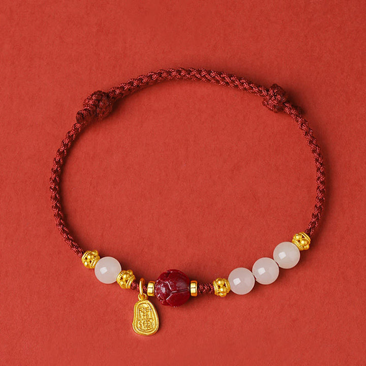 Buddha Stones 24K Gold Plated Hetian White Jade Cinnabar Lotus Luck Rope Bracelet - image 1