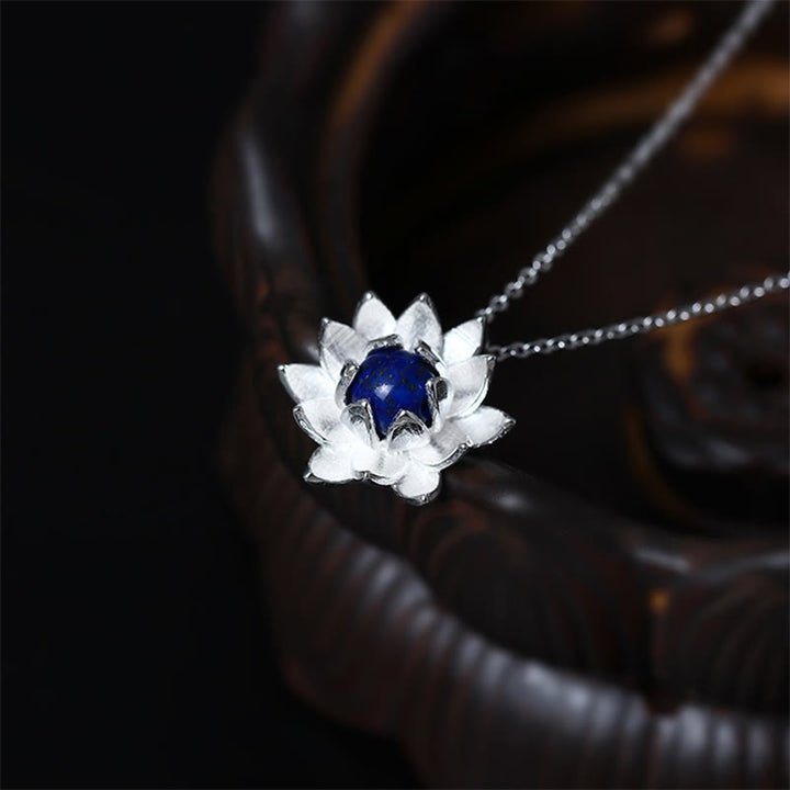 Buddha Stones 925 Sterling Silver Lazurite Lapis Lazuli Lotus Flower Self Care Necklace Pendant - image 1