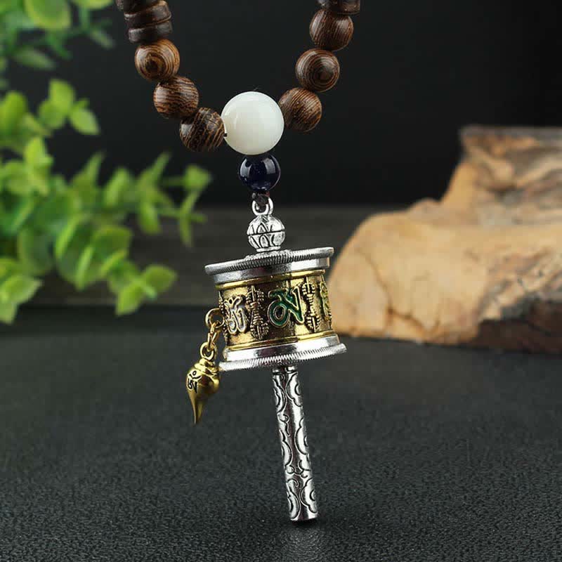 Buddha Stones Tibetan Om Mani Padme Hum Prayer Wheel Rotation Vajra Wood Necklace Pendant - image 1