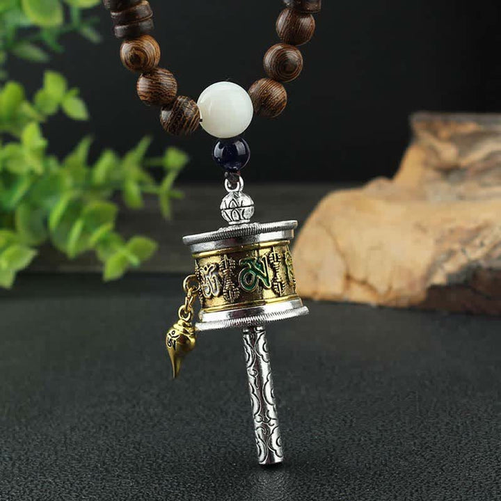 Buddha Stones Tibetan Om Mani Padme Hum Prayer Wheel Rotation Vajra Wood Necklace Pendant - image 1