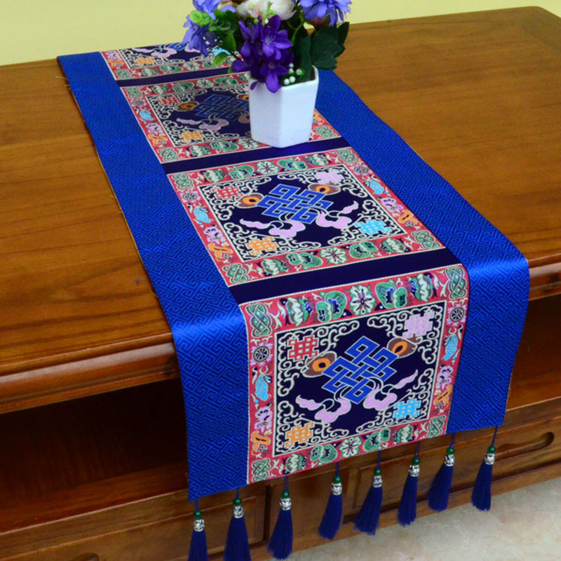 Buddha Stones Prayer Altar Mat Man-Bcu Kalachakra Endless Knot Vajra Tibetan Auspicious Symbols Tassels Table Runner - The Knot of Eternity - Blue - 190*33cm - image 12