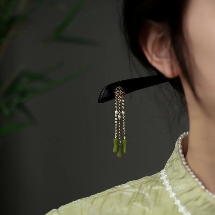Buddha Stones Natural Peridot Ebony Wood Love Tassels Hairpin - image 1