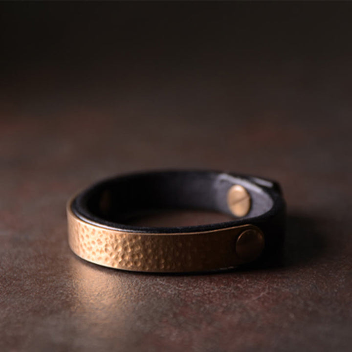 Buddha Stones Vintage Handmade Texture Copper Brass Leather Wealth Bracelet Bangle - image 17