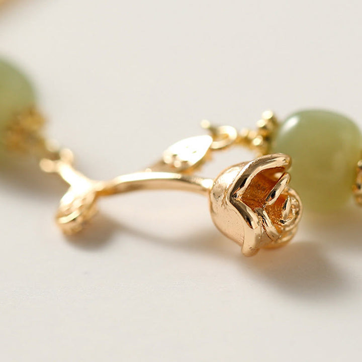 Buddha Stones 14K Gold Plated Hetian Jade Golden Rose Flower Luck Chain Bracelet - image 4