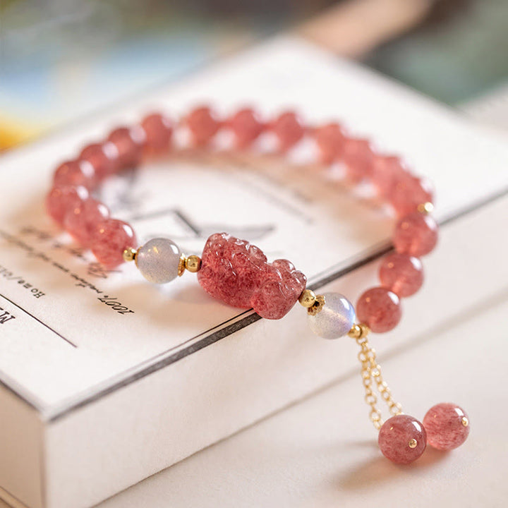 Buddha Stones Natural Strawberry Quartz Moonstone PiXiu Love Healing Bracelet - Strawberry Quartz&Moonstone - image 0
