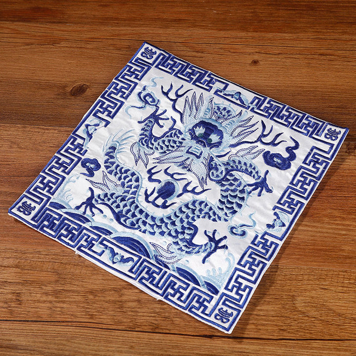 Buddha Stones Crane Phoenix Dragon Kirin Embroidered Cup Mat Pad Tea Cup Coaster Square Kung Fu Tea Mat - Blue And White Dragon - image 26