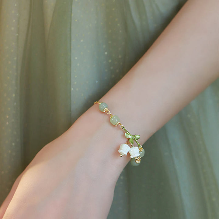 Buddha Stones Green Jade Bead Lily of the Valley Prosperity Chain Bracelet - image 3