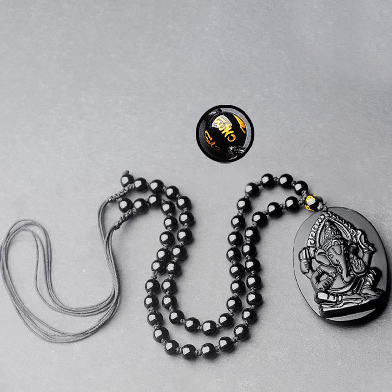 Buddha Stones Tibetan Obsidian Ganesh Ganpati Elephant Wealth Amulet Necklace - image 10