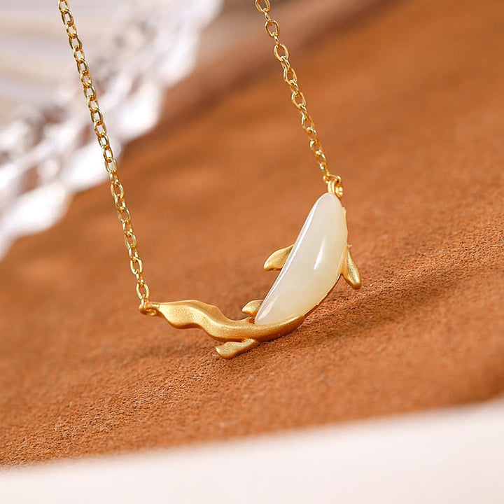 Buddha Stones 925 Sterling Silver White Jade Dolphin Luck Necklace Pendant - image 2