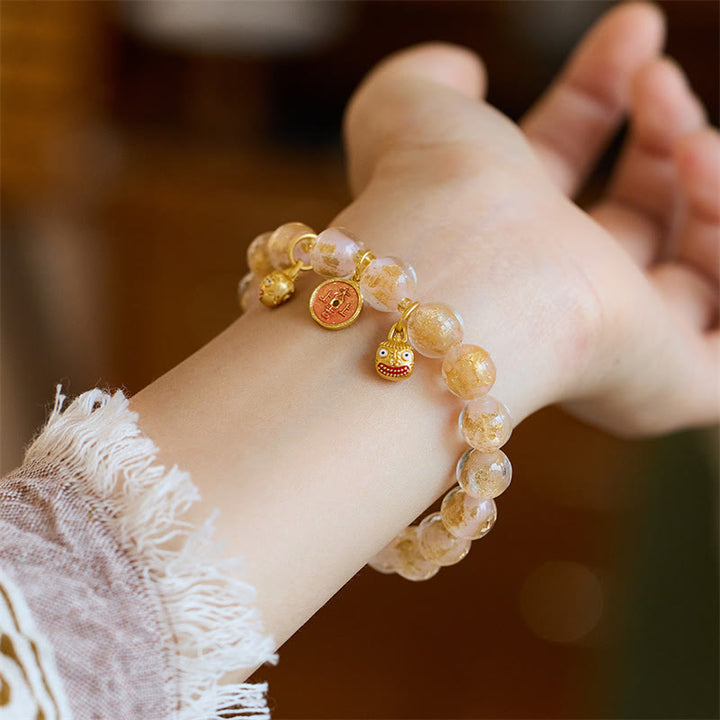 Buddha Stones Gold Swallowing Beast Copper Coin Good Luck Charm Liuli Glass Bead Fortune Bracelet - Light Pink Liuli Glass Bead(Wrist Circumference 14-16cm) - image 3