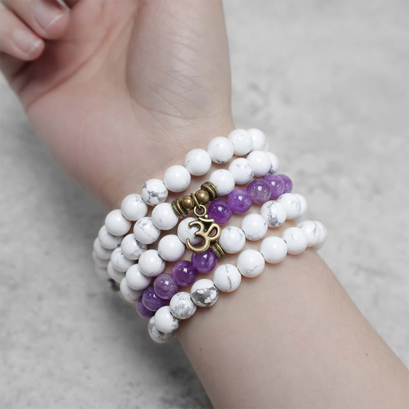 Buddha Stones 108 Mala Beads Amethyst White Turquoise OM Healing Meditation Energy Bracelet - image 6