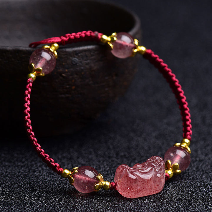 Buddha Stones Natural Strawberry Crystal Pixiu Charm Lucky Red String Bracelet - image 2