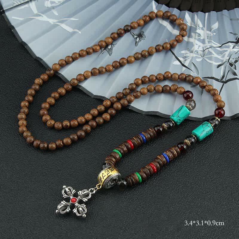 Buddha Stones Tibetan Om Mani Padme Hum Prayer Wheel Rotation Vajra Wood Necklace Pendant - Red Cross Vajra - image 27